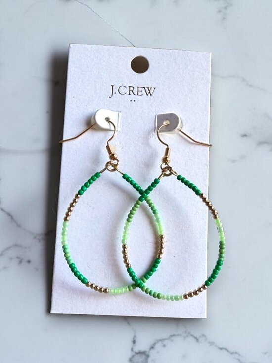 J. Crew Jewelry - J.Crew Boho Beaded Teardrop Loop Earrings Green Gold Tone Statement Jewelry